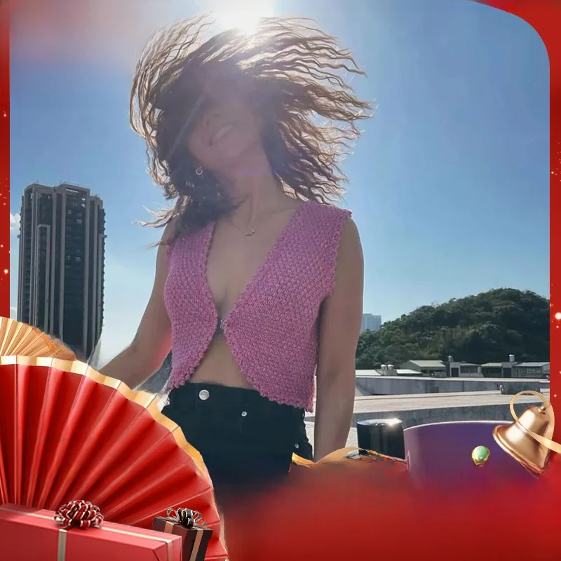 

M Home Spring 2023 Simple Knitted Vest with Single Button Plaet And Ripple Lace TO0089 Versatile Sle ort Length ...