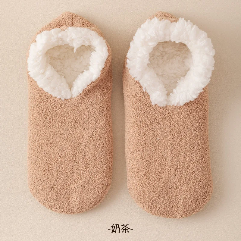 Non-Slip Grip Sock Slipper Indoor Lamb Fleece Women Thickened anti-slip Floor Home Warm non-shedding Shoe Covers 2W105