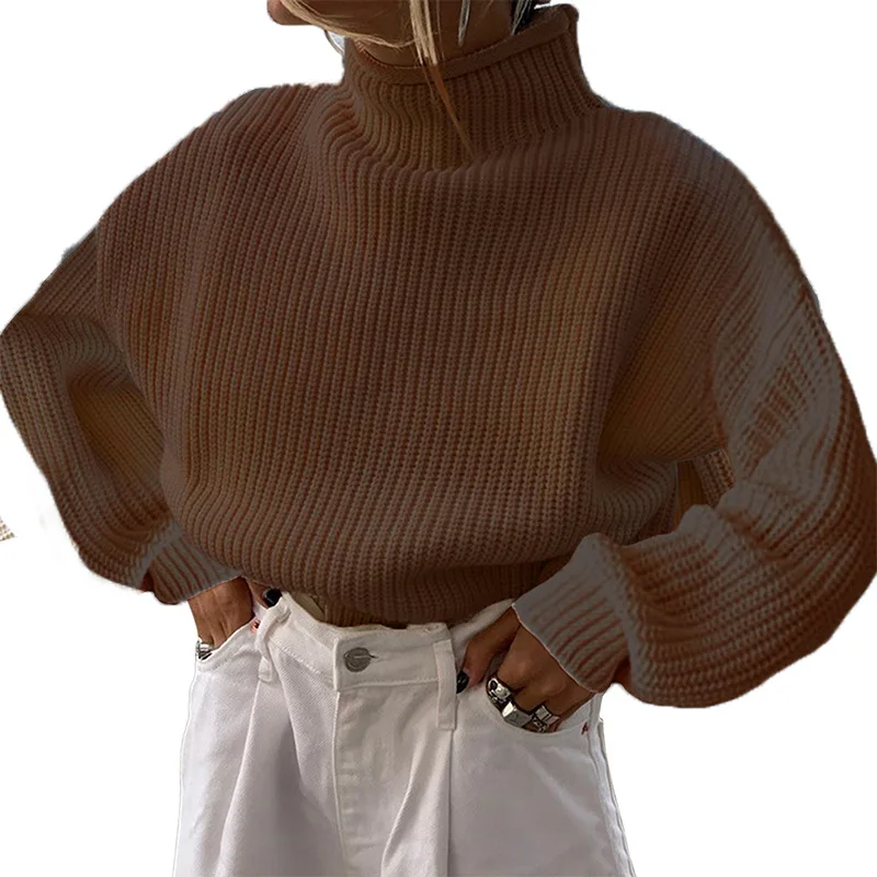 

Autumn Winter New Knitted Sweater European and American Women's Fashion Elegant High Neck Solid Color Loose Casual Base Swea