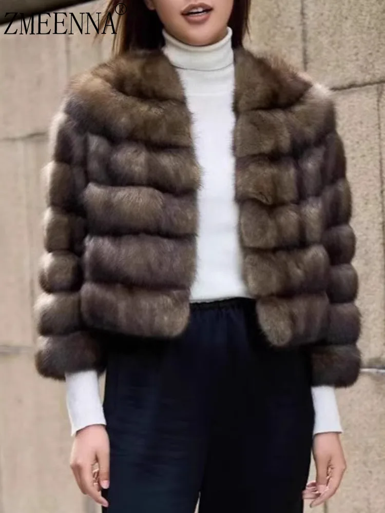 

ZMEENNA женская короткая куртка из искусственного меха с горизонтальной панелью и широким воротником с лацканами, роскошная теплая зимняя верхняя одежда ZM4468