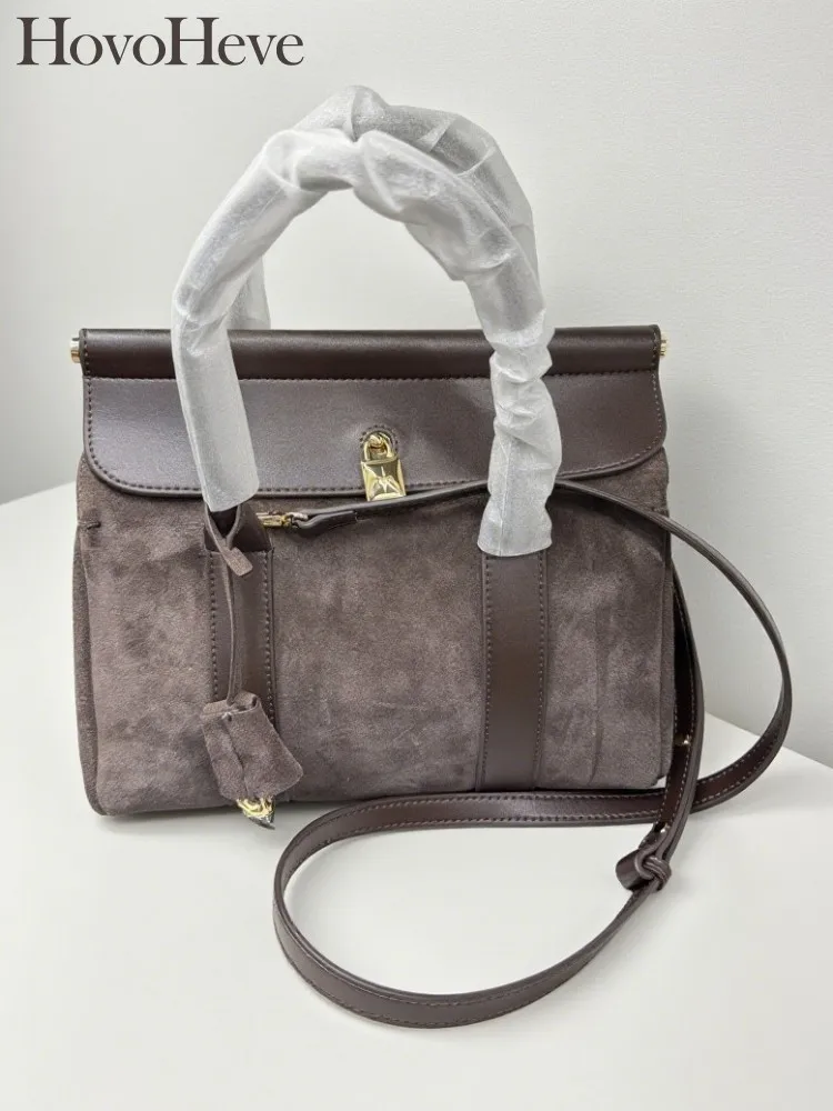 

Office Ladies Elegant Suede Genuine Leather Cowskin Large Capacity Casual Hasp Handbag Spliced Women Design Single Shoulder Bag