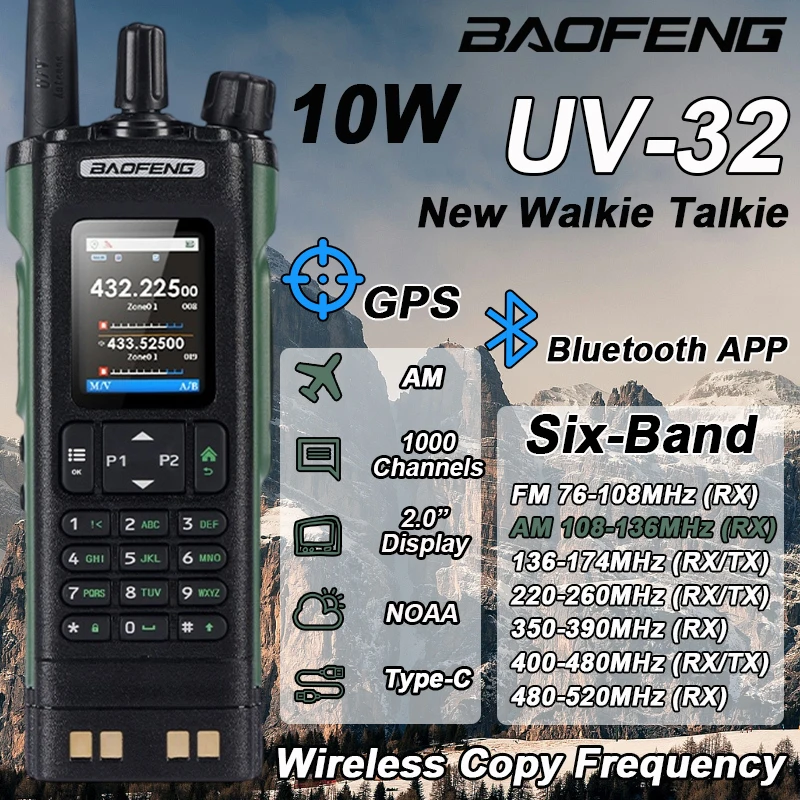 BAOFENG UV-32 Walkie Talkie 10W GPS Bluetooth APP Multi Band Wireless Copy Frequency VHF UHF Type-C UV32 Amateur Ham 2 Way Radio