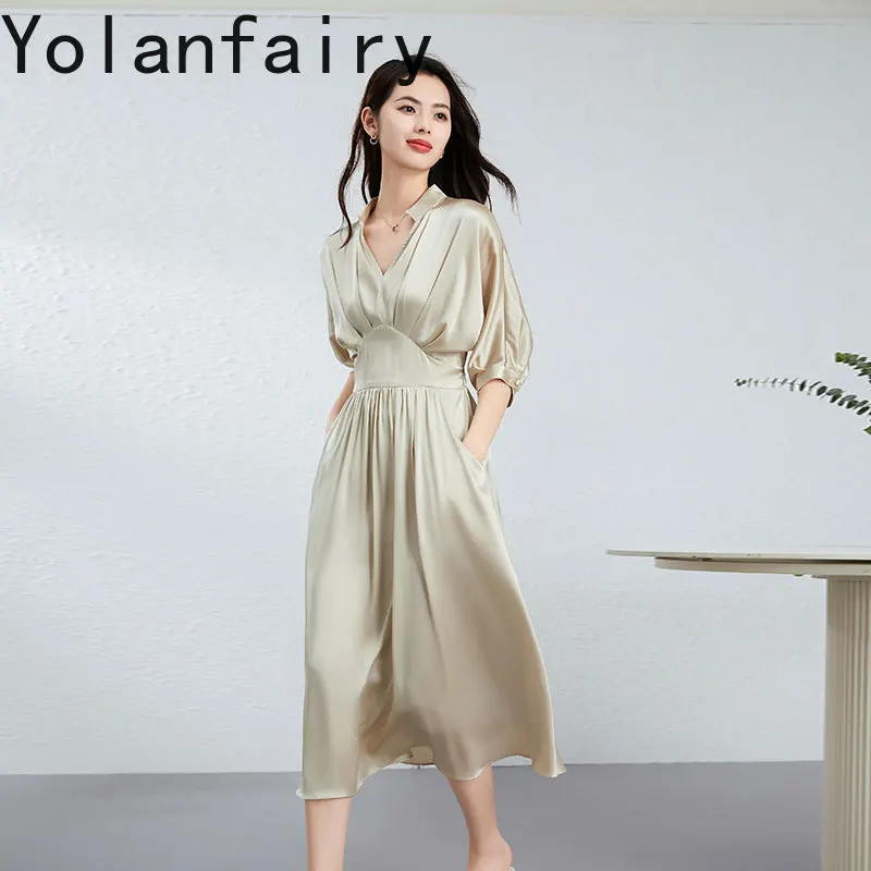 YOLANFAIRY 19mm 92.3%Natural Mulberry Silk Satin Dress for Woman French Elegant Birthday Dresses Luxury V-neck Large Hem vestido