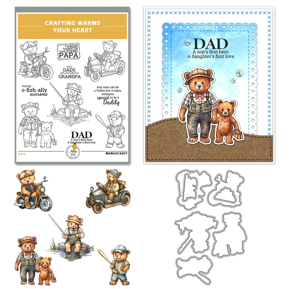 Mangocraft Father's Day Dad Kids Doll Bears Cutting Dies Clear Stamp DIY Scrapbooking Metal Dies Silicone Stamps For Cards Album