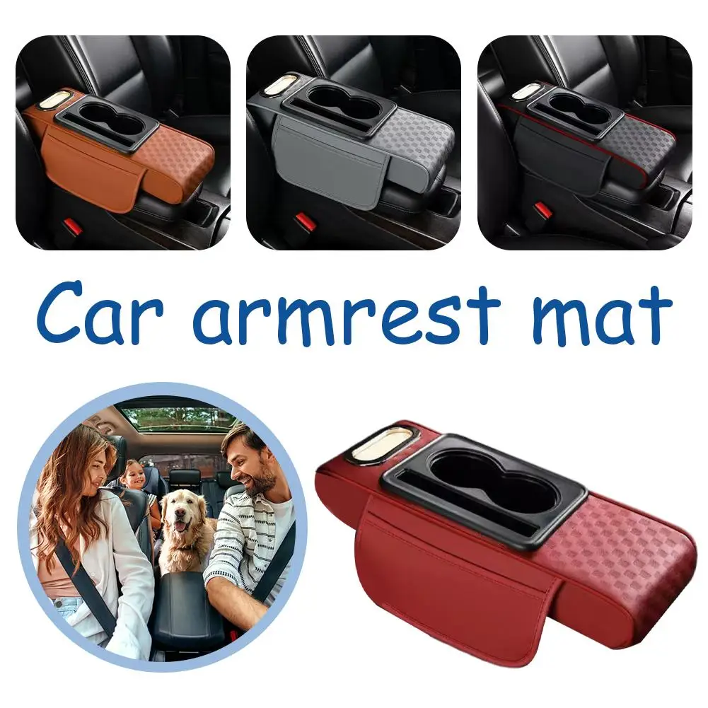 Car Center Console Height Increasing Armrest Cushion Multifunctional PU Leather Armrest Pad with Cup Holder Tissue Box Universal view 3