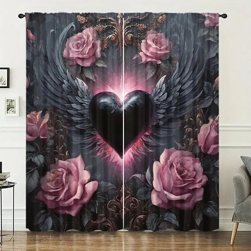 Elegant Gothic Rose Floral Heart Wings Curtain Panels Baroque Tapestry Luxury Living Room Bedroom Window Drapes