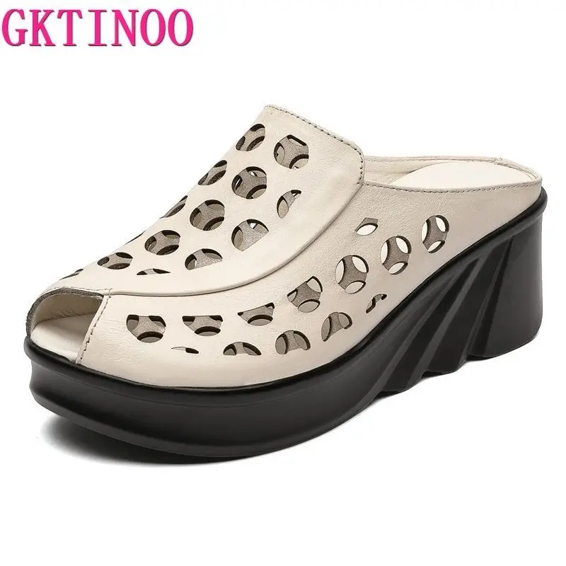 GKTINOO 2024 Fashion Cut-outs Women Shoes Slippers Summer Peep Toe Wedge Sandals Genuine Leather Lady Slides Shoes Woman