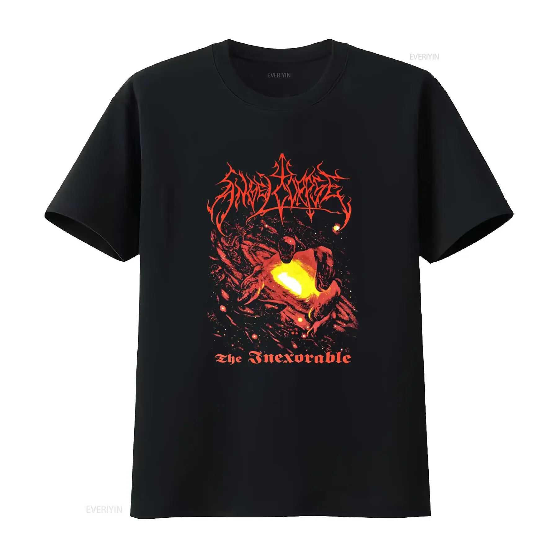 Angelcorpse The Inexorable Black T Shirt New Official Design with Fiery and Cosmic Elements vintage Washed Soft