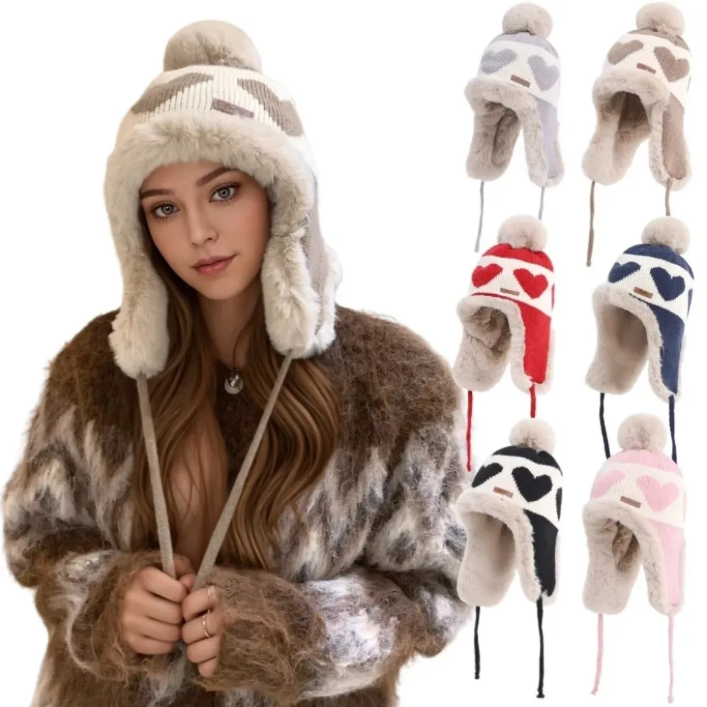 Уютная утолщенная вязаная шерстяная шапка с помпонами, защитная шапка для ушей с принтом «Любовь», защитная шапка для ушей, уличная зимняя шапка