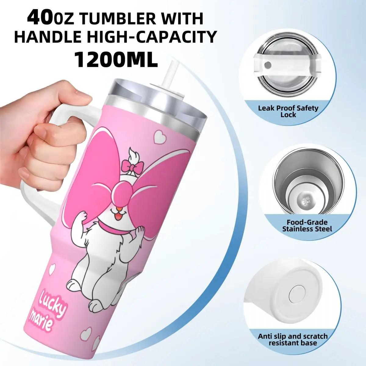 Cartoon Pink Marie Cat Stainless Steel Tumbler Kawaii Beach Thermal Mug With Straws and Lid 40oz Car Mugs Drink Water Bottle