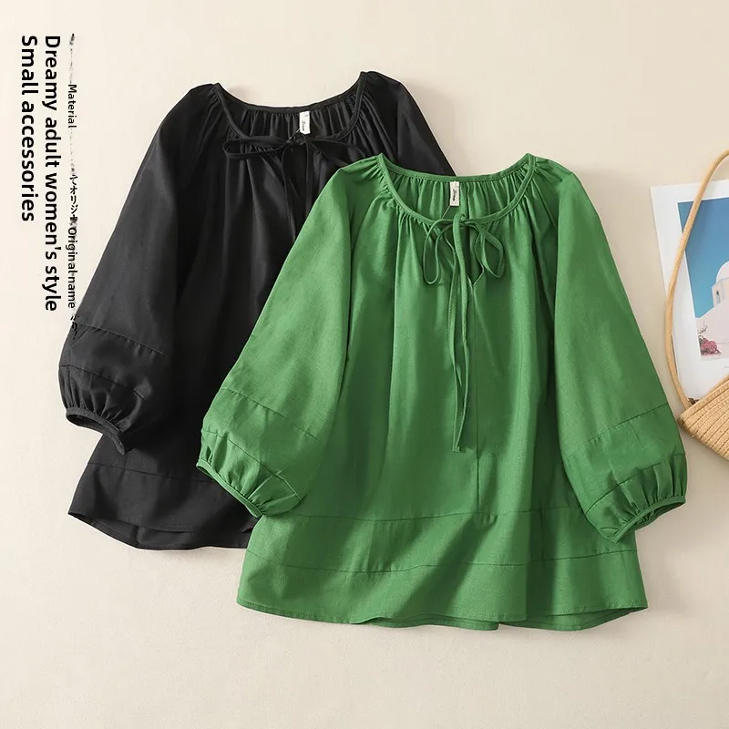 

Loose Fit Lantern Sleeve Shirt Women's Casual Cotton Polyester Blend Short Sleeve Shirt Vintage Japanese Style Oversized Slim...