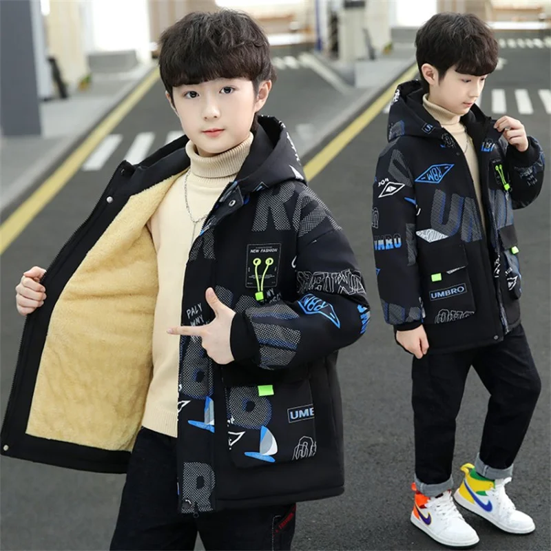 

Boys Coat Jacket Overcoat Cotton Outerwear 2023 Printed Thicken Velvet Winter Snowsuit Furs Children's Clothing