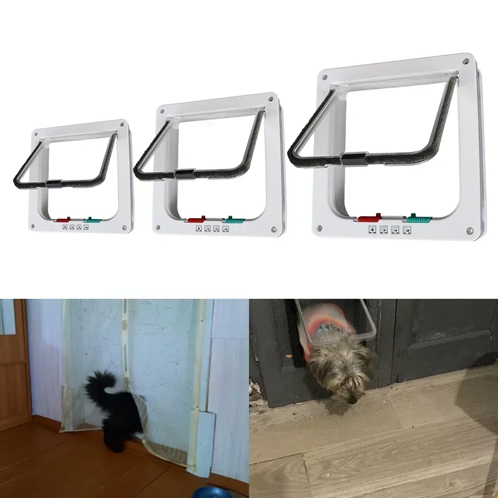 Puerta con solapa para mascotas con cerradura de 4 vías, entrada segura de plástico ABS para gatos, perros, cachorros y gatitos, puerta de seguridad duradera para animales pequeños