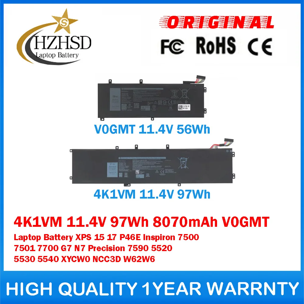

4K1VM 11.4V 97Wh 8070mAh V0GMT 11.4V 56Wh Genuine Original Notebook Laptop Battery For Dell XPS 17 P46E Inspiron 7500 7501 7700