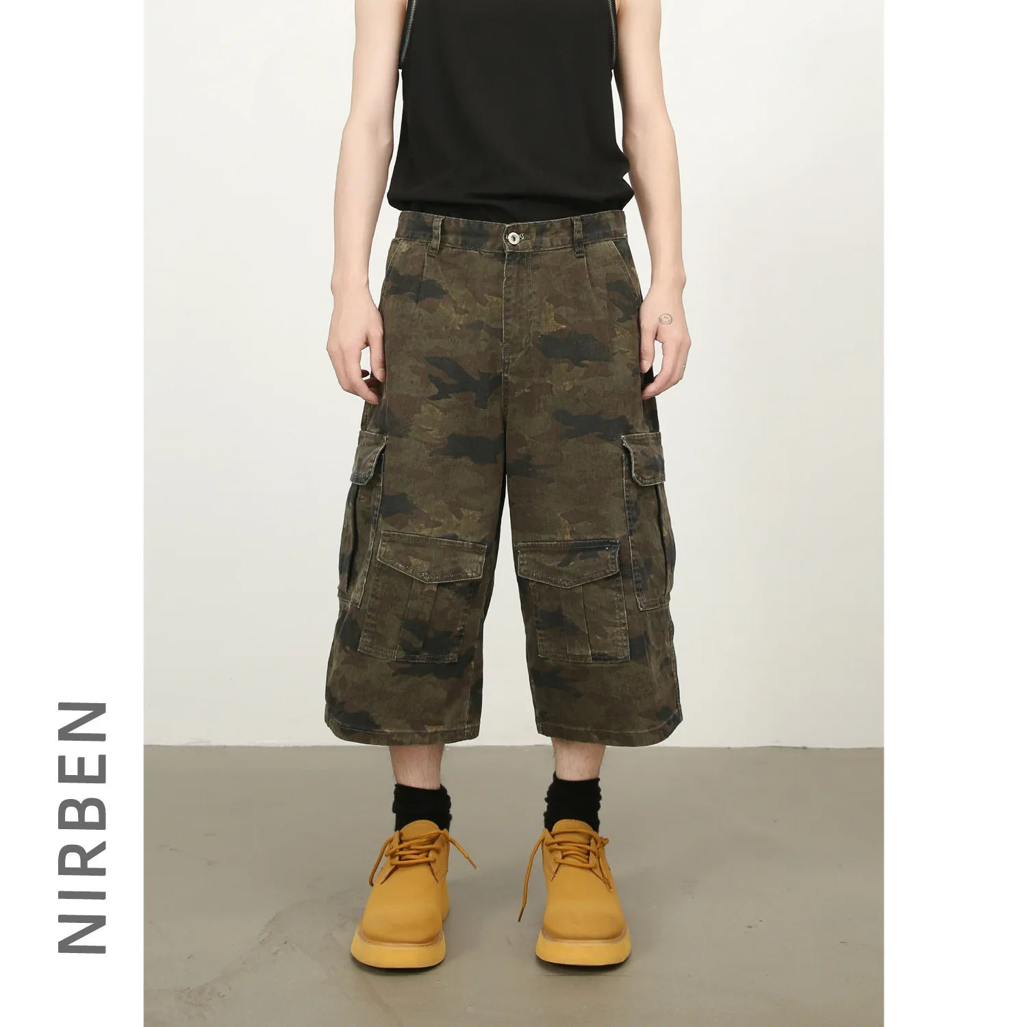 American Vintage Fashion Men's Straight Wide Leg Camouflage Casual Trendy Loose Simple Basic Cropped Trousers Male Cargo Pants