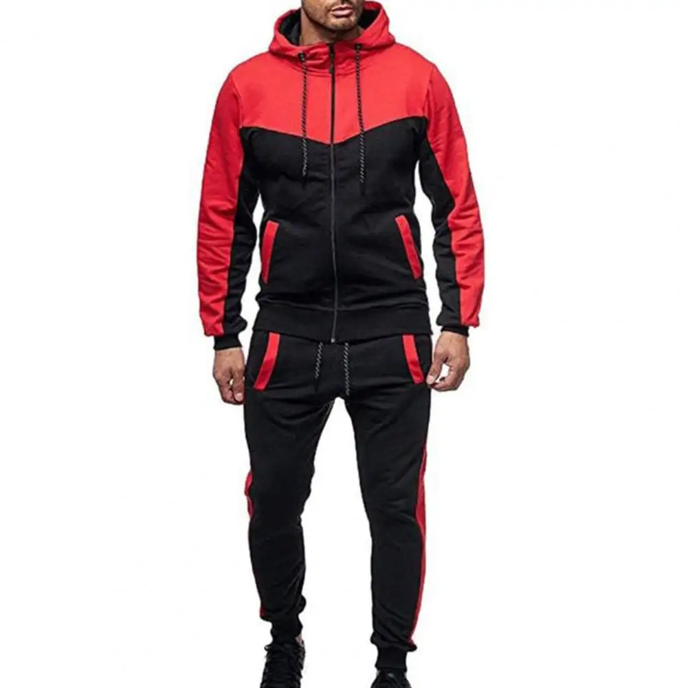 2 Pcs/Set Men Tracksuit Contrast Colors Drawstring Hooded Breathable Coat Suit for Daily Wear