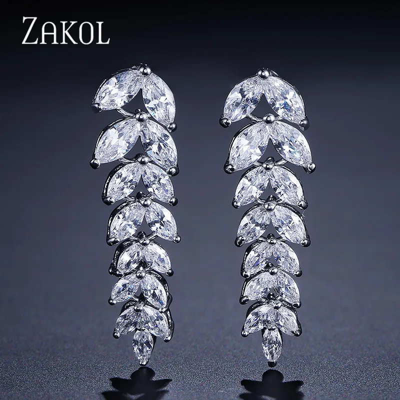 ZAKOL Fashion Cubic Zircon Leaf Pendant Earrings For Women Wedding Party Jewelry Gift EP040