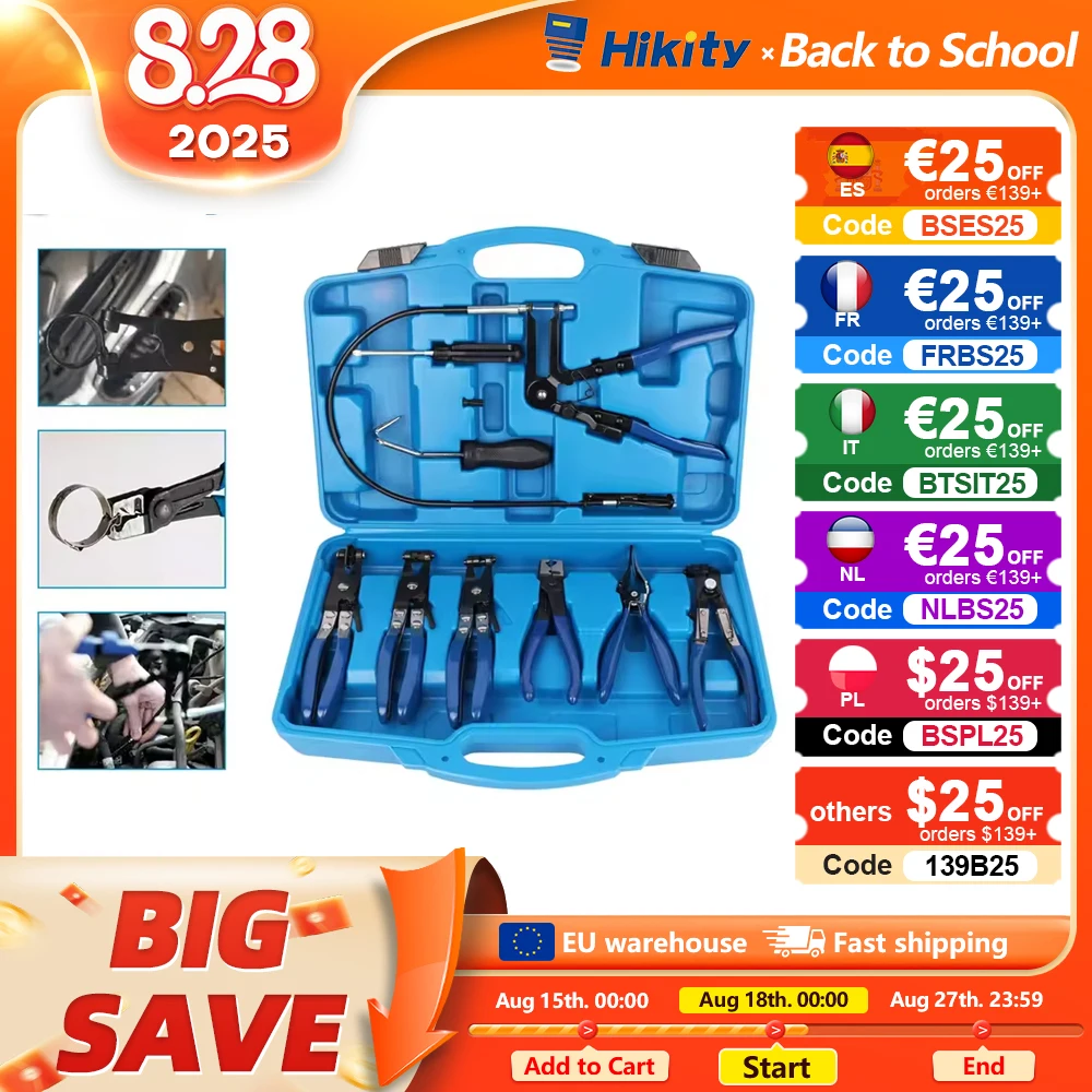 Strumento di rimozione del rivestimento dell'auto Hikity 9 pezzi di pinze per fascette stringitubo a lunga portata Set di strumenti automatici per tubo dell'acqua dell'olio combustibile con scatola di