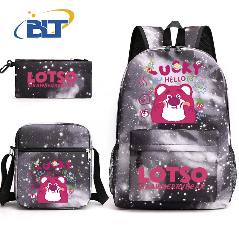 Lotso bear printed student school bag set casual backpack shoulder bag pencil case 3-piece set suitable for boys and girls