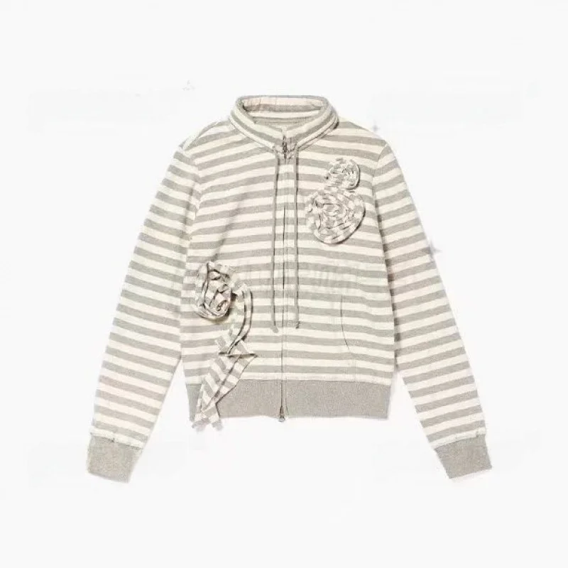 ربيع جديد وصول مفتوح YY ثلاثية الأبعاد طباعة الورد مخطط اللون بلو مزدوجة سستة البلوز ort Jaet المرأة Faion عادية