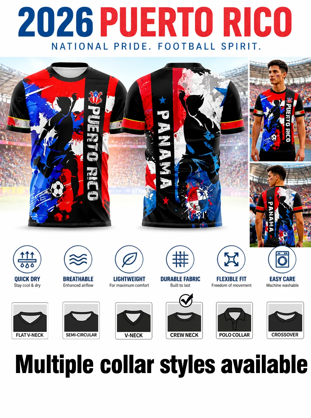 Dynamic splash‑ink Puerto Rico soccer jersey,unique all‑over print,sweat‑wicking,fit for sports,matches & daily wear