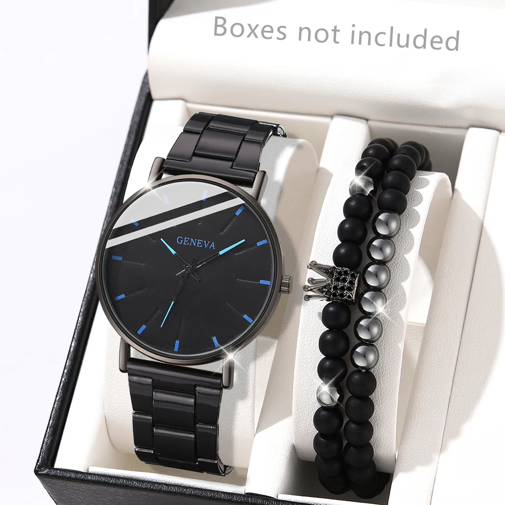 3PCS/Set Black Men Watch Fashionable Minimalist Blue Needle Dial Quartz Wristwatch Alloy Strap Watch Jewelry Set Gift For Him