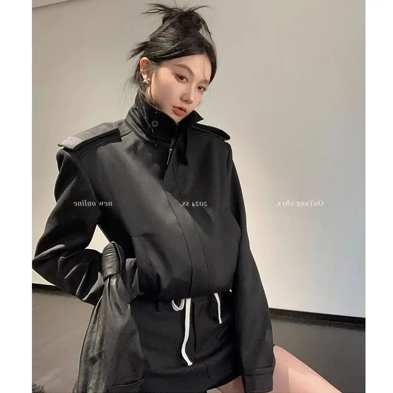 French Hepburn Retro Stand Up Collar Wide Shoulder Jacket for Women's Spring and Autumn New Short Casual Coat Top Trend