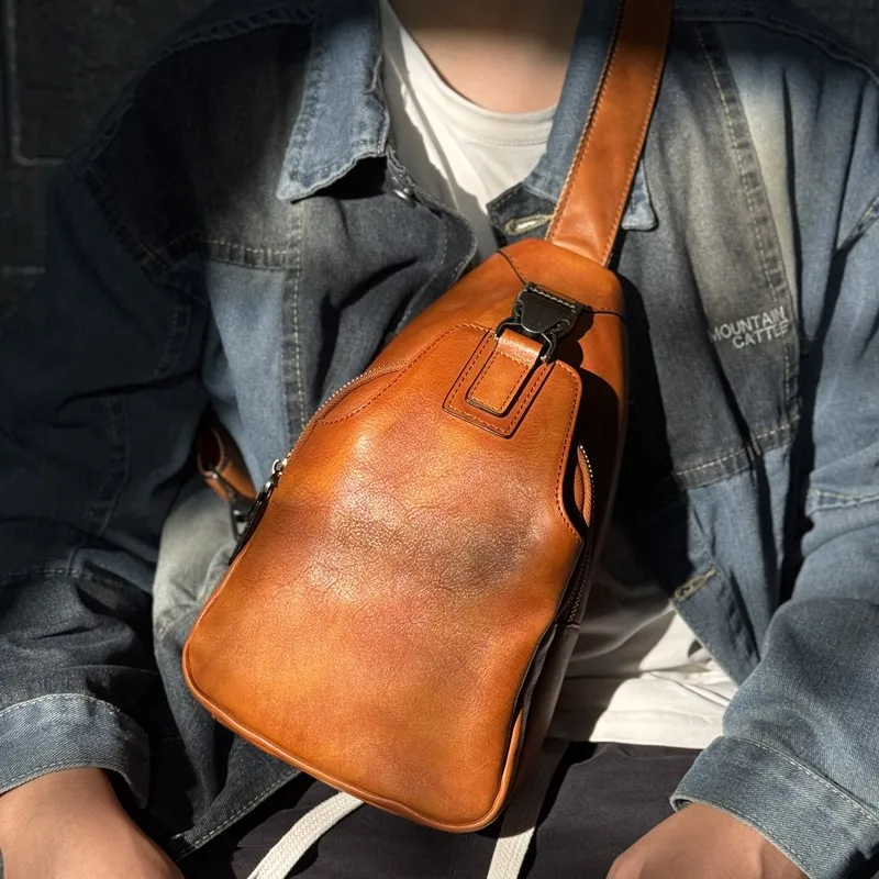 Plantaardig gelooide leren borsttas Tide merk heren messenger bag handgepolijste lederen schoudertas voor vrije tijd