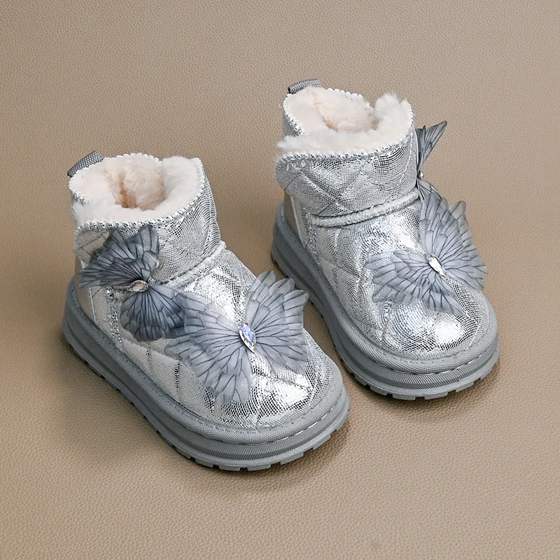 2025Зимние новые ботильоны с бантом для девочек, противоскользящие детские зимние ботинки со стразами на толстой подошве, простые универсальные повседневные ботинки принцессы для девочек