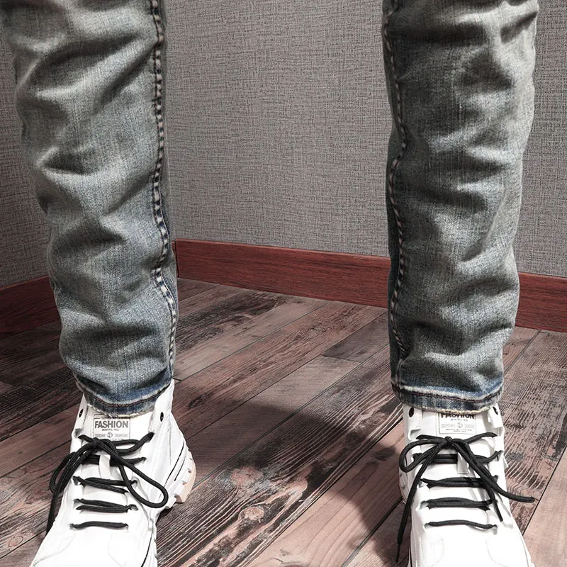 Newly Designer Fashion Men Jeans Retro Washed Elastic Stretch Slim Ripped Jeans Men Vintage Trousers Casual Denim Pants Hombre