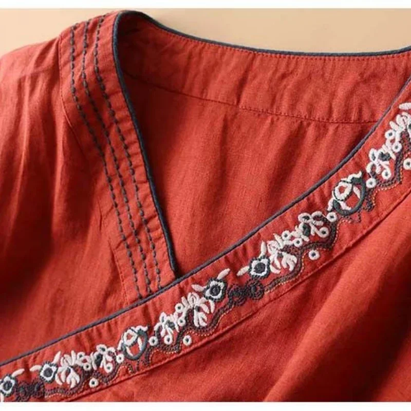 Chinese Cotton and Hemp Embroidery Top Women\'s Summer New Oriental Hanfu Loose and Comfortable Top Chinese Shirt Chinese Clothes