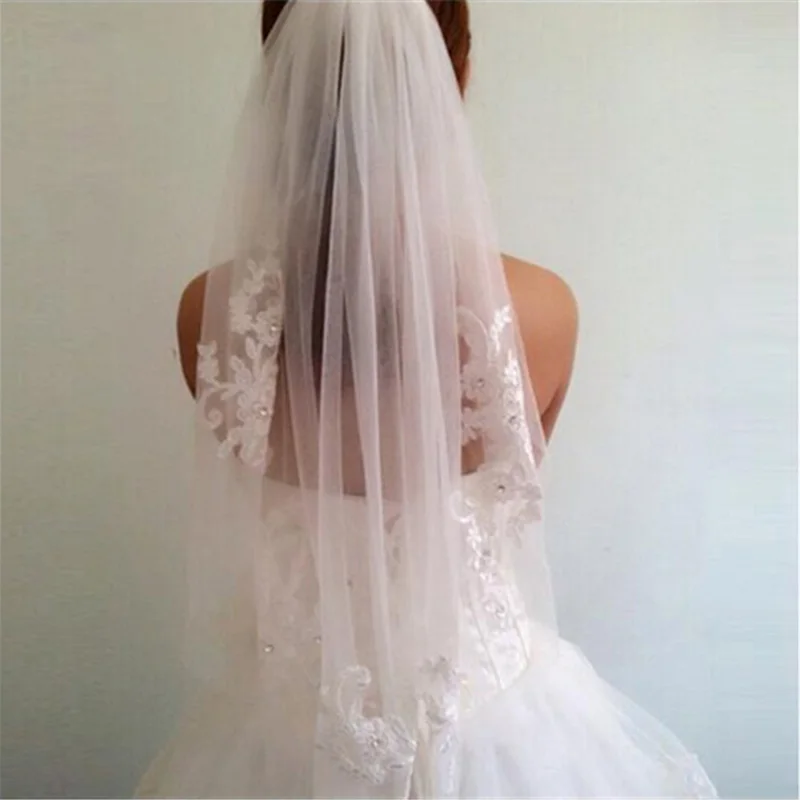 Bridal Lace Embroidery Hollow Out Flower White And Ivory Veil Drop Wedding With Hair Comb Crystal Beads Wide Chapel Single Layer