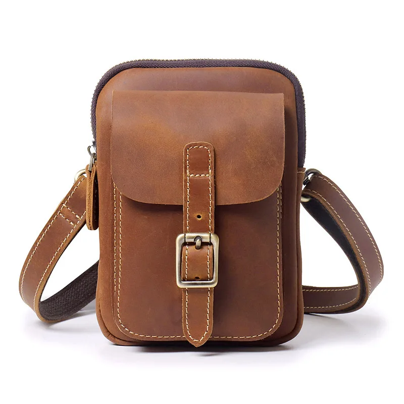 Vintage Crazy Horse Leather Men's Shoulder Bag with Multi-purpose Functions