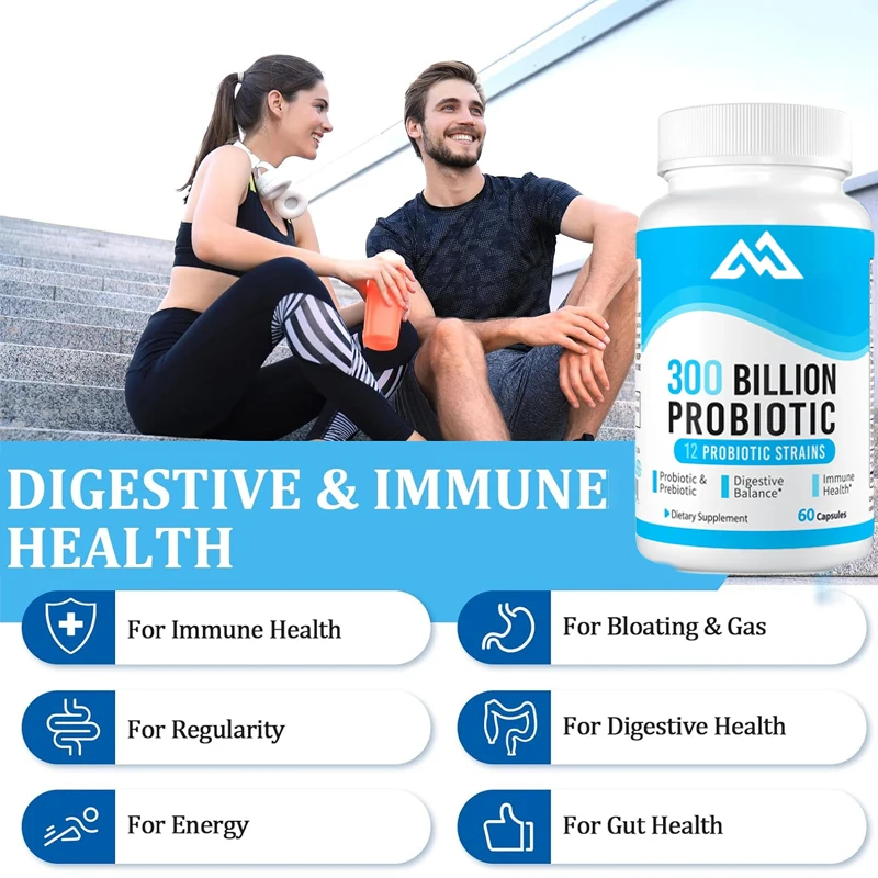 

300billion colony unit probiotics, 12 probiotic strains 3organic prebiotics, promote digestive health,intestinal health,bloating