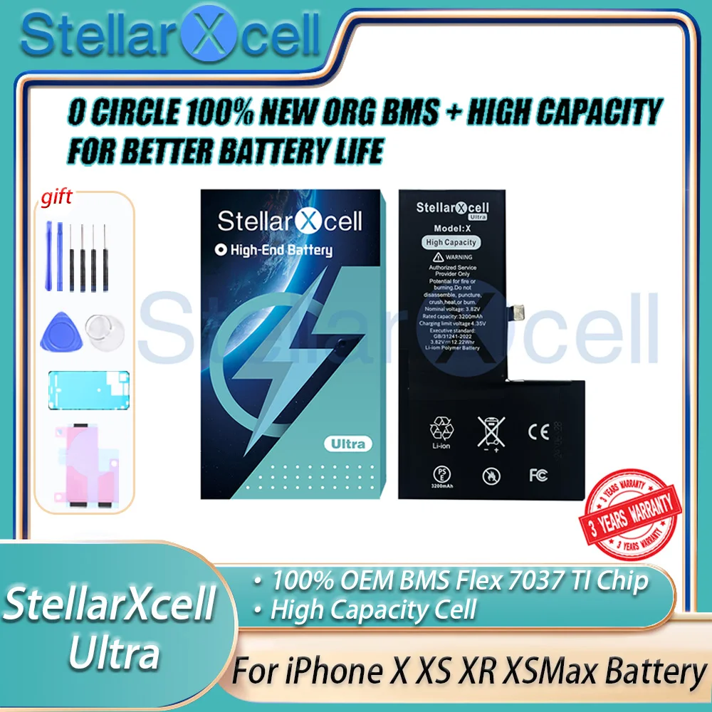 

StellarXcell Ultra, 0-тактный аккумулятор большой емкости, чип 7037 TI для iPhone X XS XR XSMax, сменный аккумулятор + бесплатные инструменты