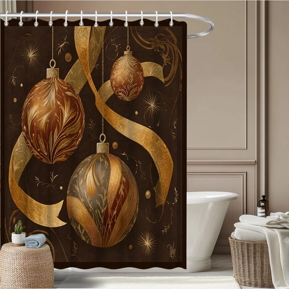 Elegant Gold and Bronze Christmas Ornament Shower Curtain Festive Holiday Bathroom Decor Curtain