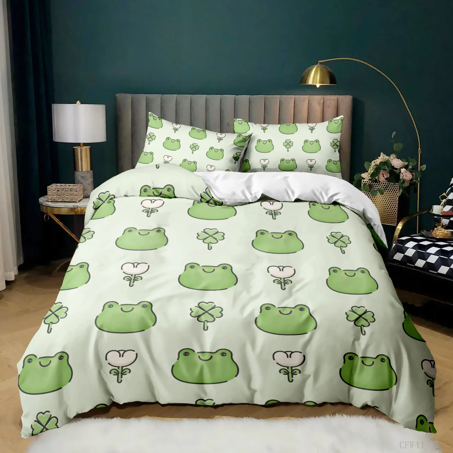 Cartoon Frog Duvet Cover Set Light Green Cartoon Frogs Cute Dragonfly Animal Bedding Set For Kid Twin Size Polyester Quilt Cover