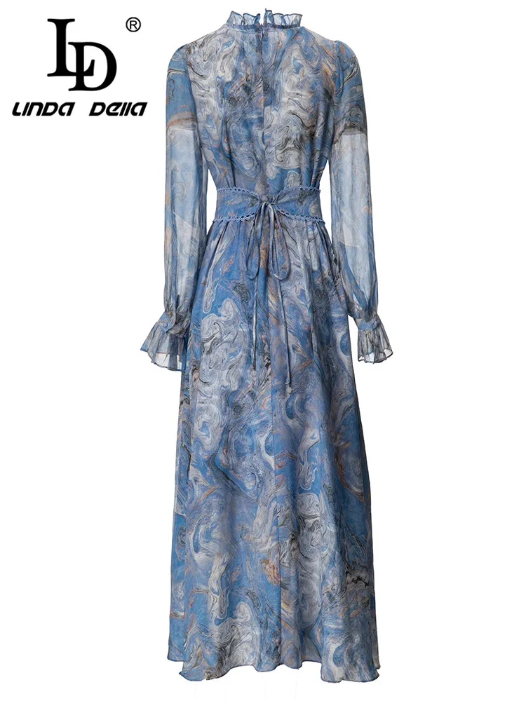 LD LINDA DELLA Autumn Elegant Pretty Dress Women's Flower Color Splice long sleeve Single-breasted Print Draped fold Long Dress