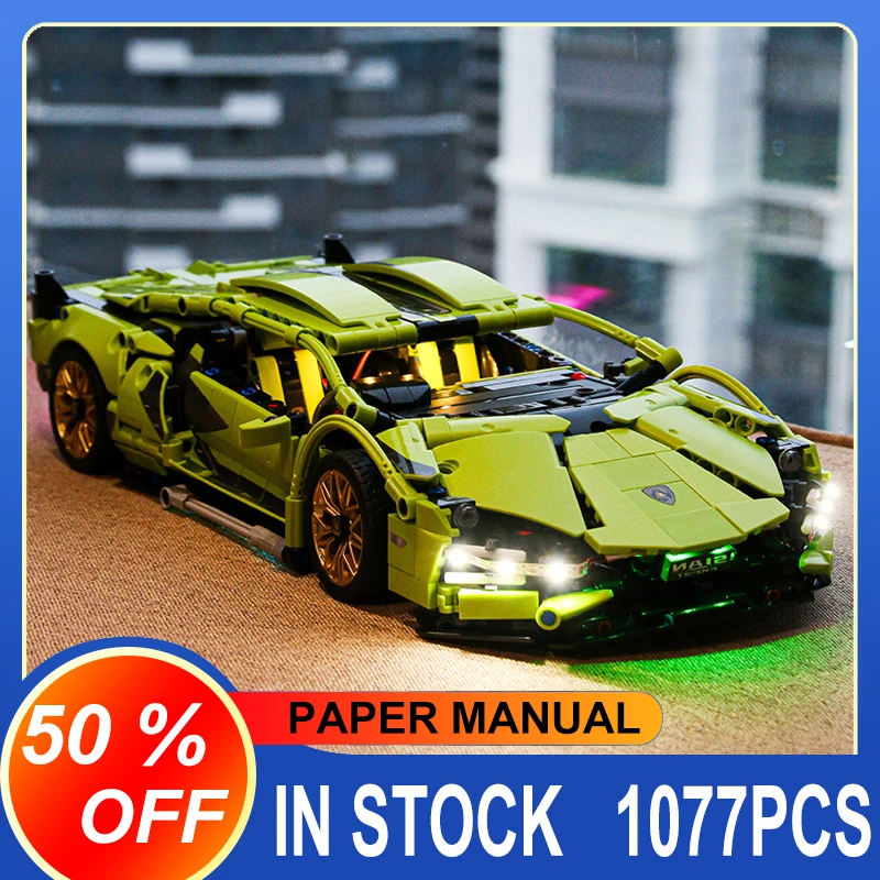 Lambo Sain New 1254Pcs Super Green Car 8600 Model 1:14  MOC High-Tech Cool Lighting Blocks Bricks Educational Toy Birthday Gifts