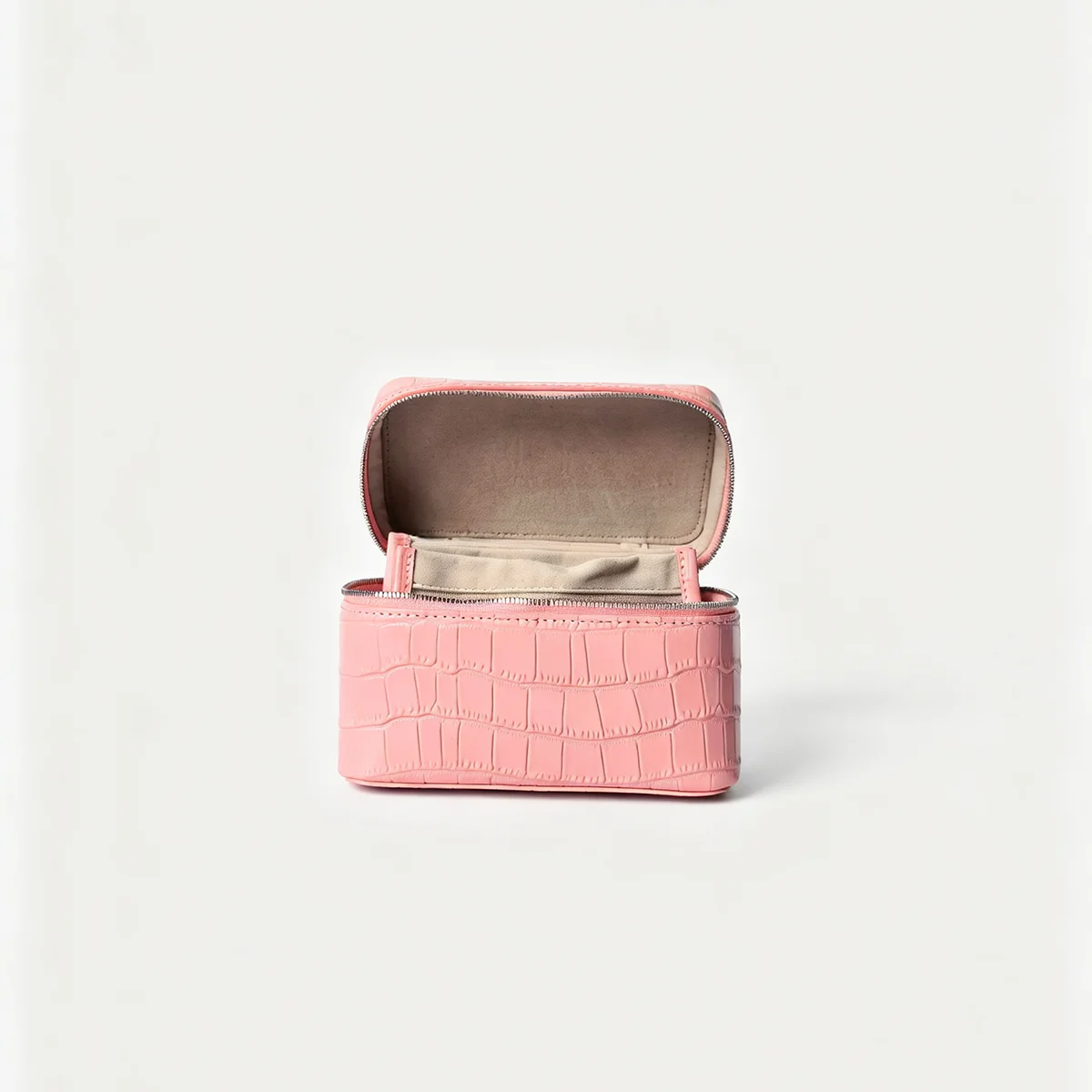 Geprägter Kosmetikbeutel aus Leder mit Krokodil-Optik, großer Stauraum, mehrere Taschen, Handtaschen-Organizer für Toilettenartikel, Reise, rosa Ausführungen. – Detail 27