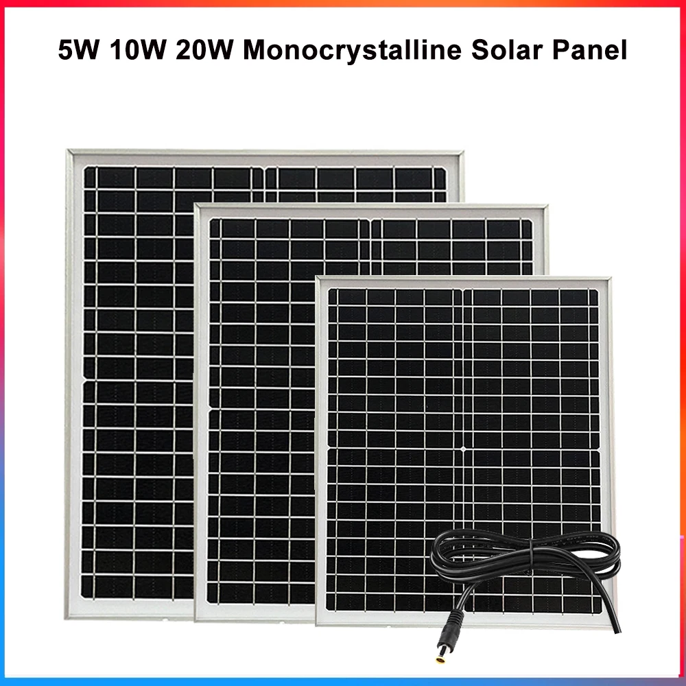 18V 5W 10W 20W Solar Panel Monocrystalline Silicon PV Module Solar Cell With DC5521 Cable Aluminum For RV Camping Solar Station