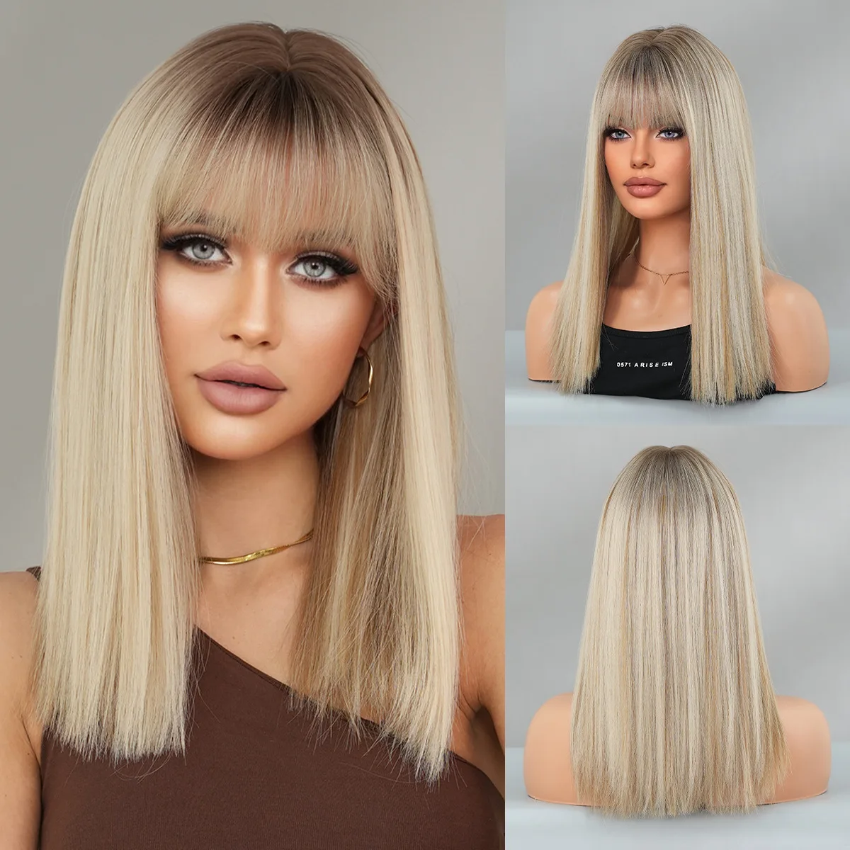 

Flax gold shoulder-length women's wig full head cover, head dye, chemical fiber rose mesh wig for daily going out