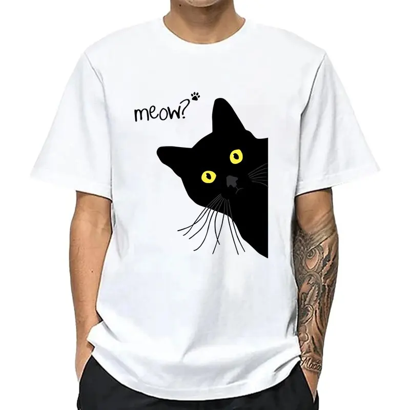 Men's T-shirt Cotton Blend Summer Meow Black Cat Print Men T Shirt Casual Loose o-neck Men Tshirt Short Sleeve t-shirt Male Tees