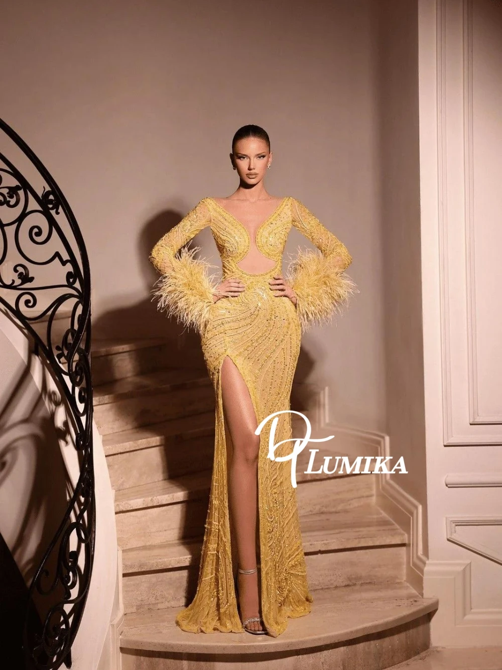 

Glamorous Yellow Sparkly Evening Dress Beaded Feathered Long Sleeved Customized Prom Gown With High Slit Fashionable Party Wear