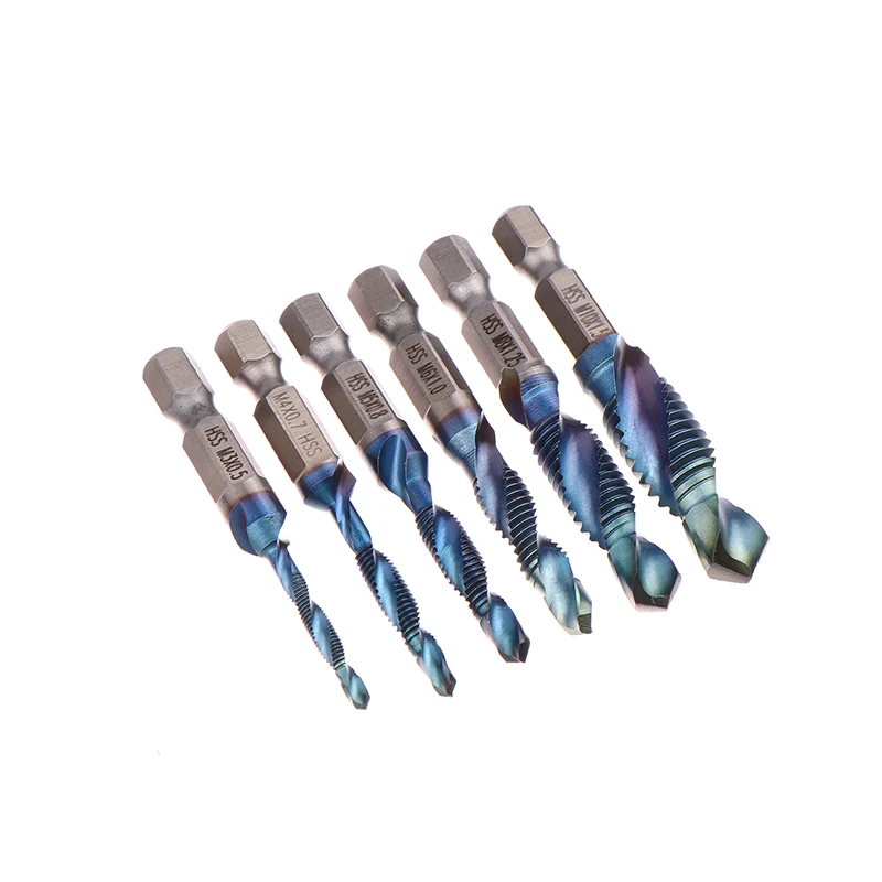 Curto Composto Tap Perfuração e Tapping, Integrado Tap Machine, Buraco chanframento Tool Set, Hexagon Shank, azul, 6 pcs