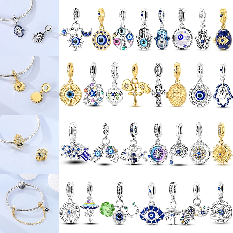 925 Sterling Silver Lucky Amulet Dangle Charm Evil Eye Hamsa Hand Sun Moon Star Bead CZ Crystal Pendant Fit Women DIY Jewelry