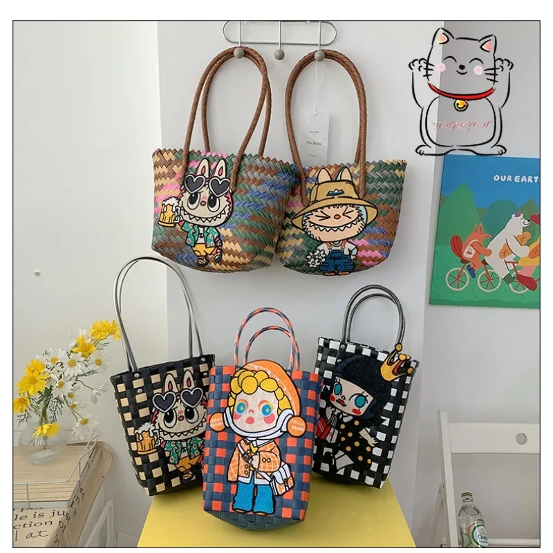

Women's handbag large capacity hand woven fabric handbag travel cartoon design vegetable basket bag commuting cartoon rattan