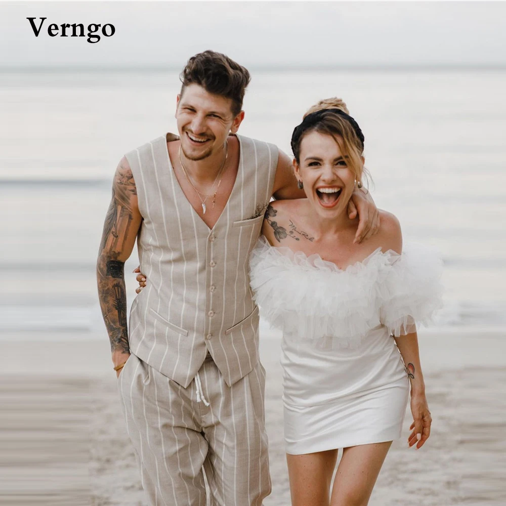 

Verngo Short Beach Wedding Dresses Off Shoulder Organza Ruffles Straps Neckline Mini Bride Party Gowns Summer Robe de mariage