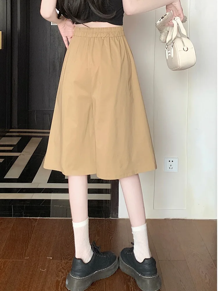 Khaki Color Five-Quarter Wide Leg Pants Skirt Elastic Waist Slimming Midi Shorts Spring Summer New Style Casual Skirt Pants