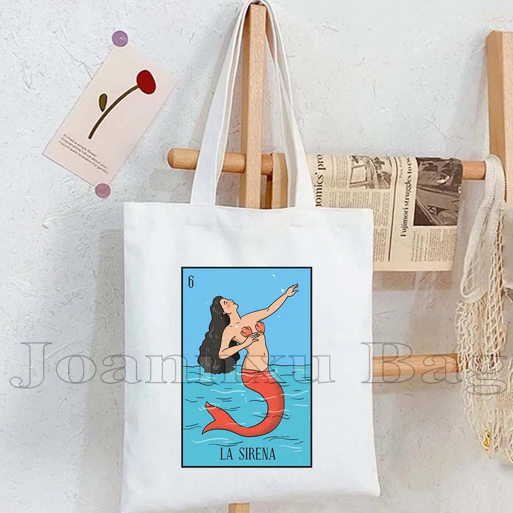 El Catrin Tarot Nopal ESTRELLA SIRENA Luna ROSA LA BANDERA المكسيكي لوتريا البنغو بطاقة الفن المتسوق قماش حمل حقيبة يد القطن